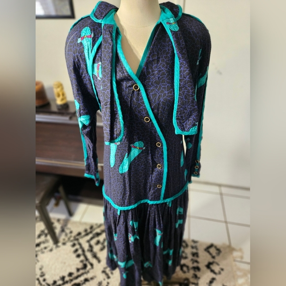 VTG 80s! Jeanne Marc "pumps and bows" Turquoise and Navy Dress Medium Size 8-10 - Picture 2 of 6